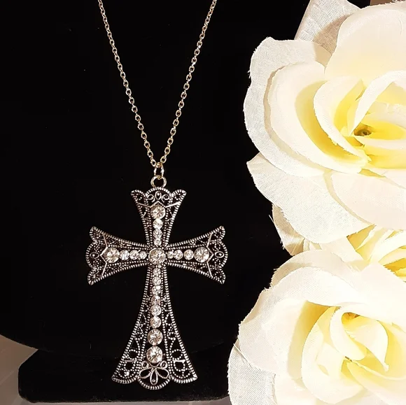 Handmade Cross Pendant Necklace Gold With Rhinestones 23" long Chain - Picture 3 of 4
